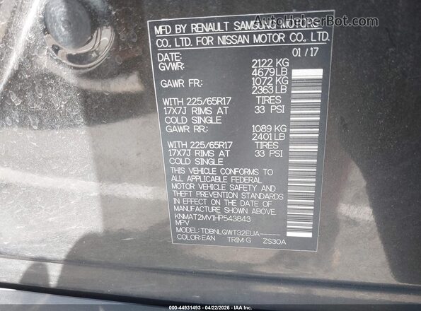 KNMAT2MV1HP543843 2017 NISSAN ROGUE Gray Widok komory silnika