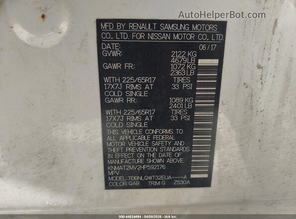 KNMAT2MV2HP592176 2017 NISSAN ROGUE White 