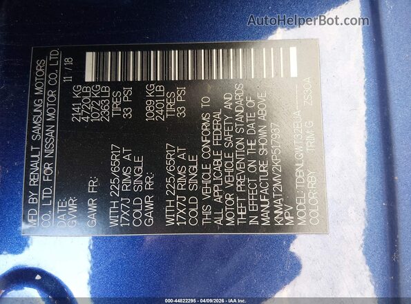 KNMAT2MV2KP517937 2019 NISSAN ROGUE Blue 