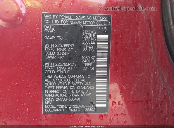 KNMAT2MV3GP636491 2016 NISSAN ROGUE Red Engine compartment view