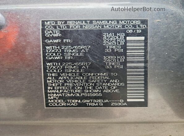 KNMAT2MV3LP515955 2020 NISSAN ROGUE Gray Вид наклейки з VIN-кодом