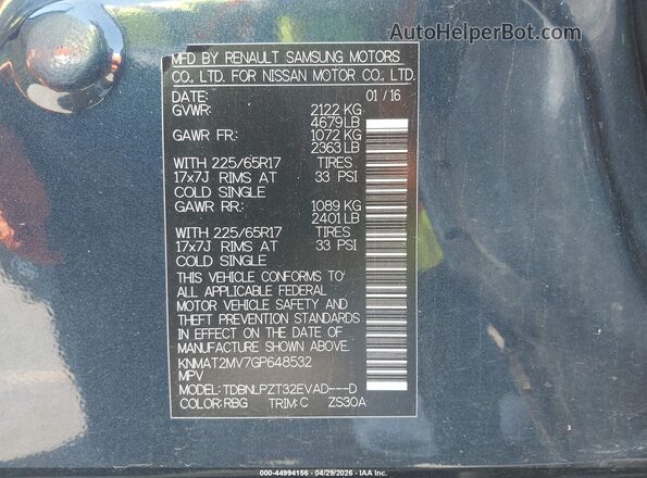 KNMAT2MV7GP648532 2016 NISSAN ROGUE Dark Blue Widok komory silnika