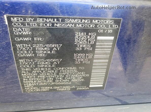 KNMAT2MV7JP559552 2018 NISSAN ROGUE Blue Widok naklejki z numerem VIN