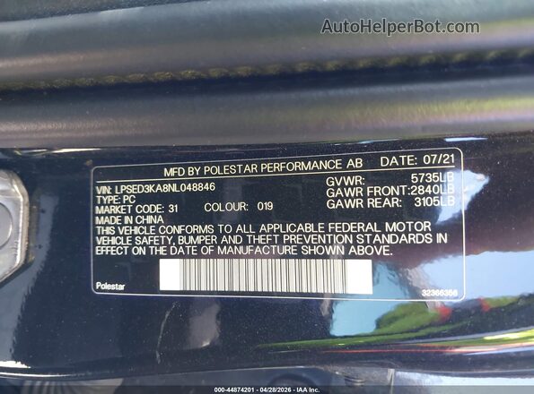 LPSED3KA8NL048846 2022 POLESTAR 2 Black Engine compartment view