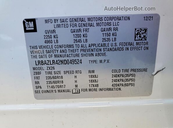LRBAZLR42ND049524 2022 BUICK ENVISION White 