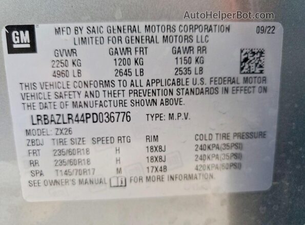 LRBAZLR44PD036776 2023 BUICK ENVISION Gray VIN կոդի պիտակի տեսք