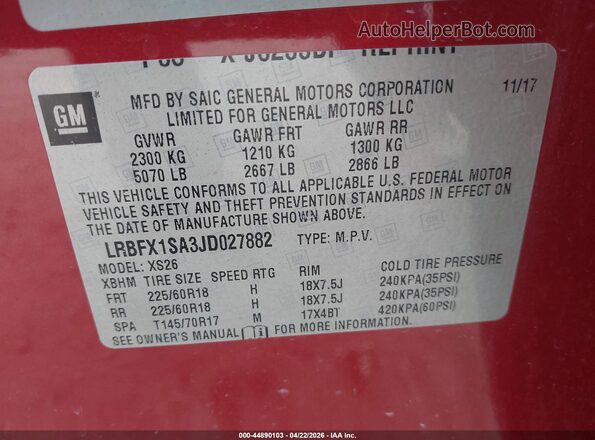 LRBFX1SA3JD027882 2018 BUICK ENVISION Red Vista del compartimento del motor