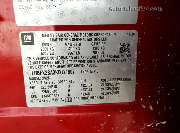 LRBFX2SA3KD121607 2019 BUICK ENVISION Красный Вид наклейки с VIN-кодом