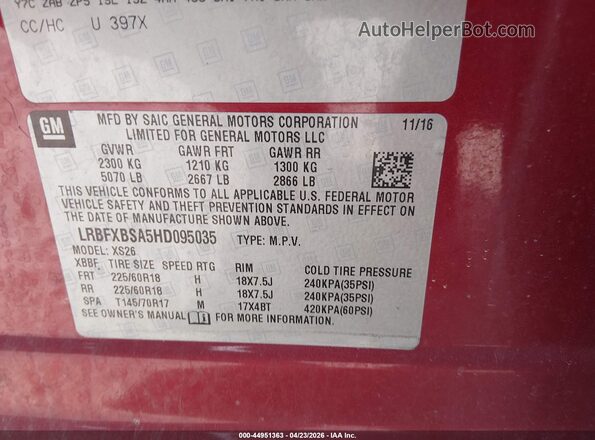 LRBFXBSA5HD095035 2017 BUICK ENVISION Red Вид підкапотного простору