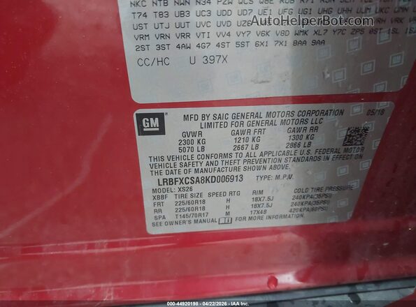 LRBFXCSA8KD006913 2019 BUICK ENVISION Red Vista del compartimento del motor