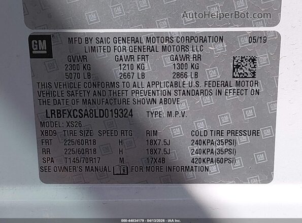 LRBFXCSA8LD019324 2020 BUICK ENVISION White Vista del compartimento del motor