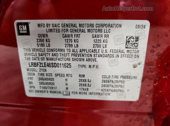 LRBFZLE46SD011625 2025 BUICK ENVISION Красный Вид наклейки с VIN-кодом