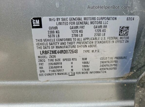 LRBFZME44RD072648 2024 BUICK ENVISION Gray VIN კოდის სტიკერის ხედი