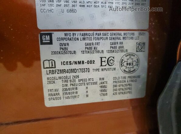 LRBFZMR40MD170370 2021 BUICK ENVISION Brown VIN sticker view