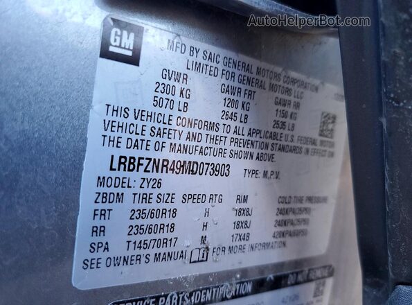 LRBFZNR49MD073903 2021 BUICK ENVISION Gray VIN sticker view