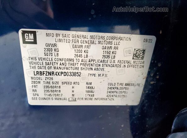 LRBFZNR4XPD033852 2023 BUICK ENVISION Blue Вид наклейки з VIN-кодом