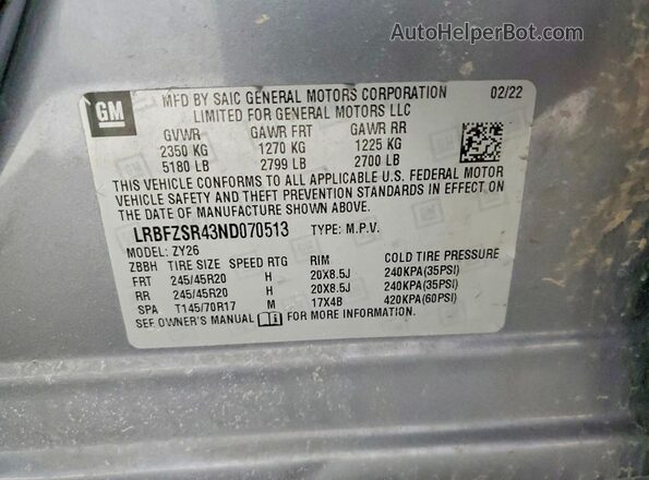 LRBFZSR43ND070513 2022 BUICK ENVISION Серый Вид наклейки с VIN-кодом