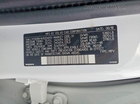 LYV102RK4KB204813 2019 VOLVO XC60 White Вид наклейки з VIN-кодом