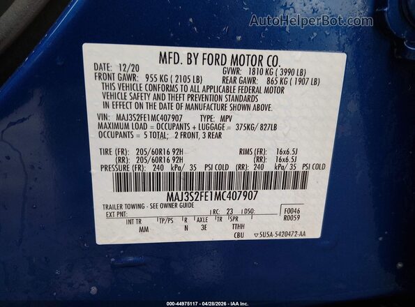 MAJ3S2FE1MC407907 2021 FORD ECOSPORT Blue Engine compartment view