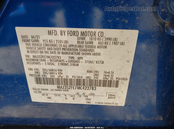 MAJ3S2FE7MC422783 2021 FORD ECOSPORT Blue ძრავის განყოფილების ხედი