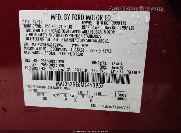 MAJ3S2GE6MC453957 2021 FORD ECOSPORT Burgundy Vista del compartimento del motor