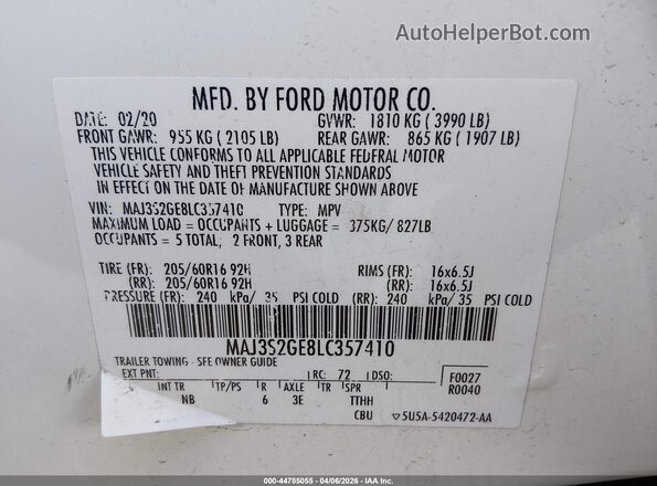 MAJ3S2GE8LC357410 2020 FORD ECOSPORT White 