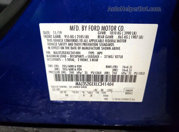 MAJ3S2GEXLC341404 2020 FORD ECOSPORT Blue VIN կոդի պիտակի տեսք