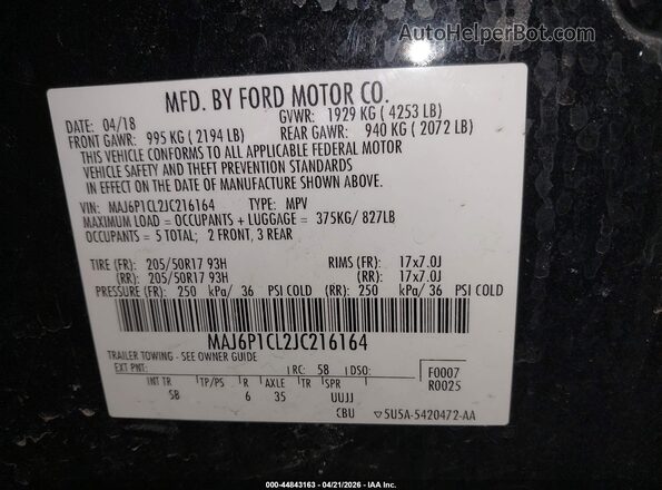 MAJ6P1CL2JC216164 2018 FORD ECOSPORT Black 