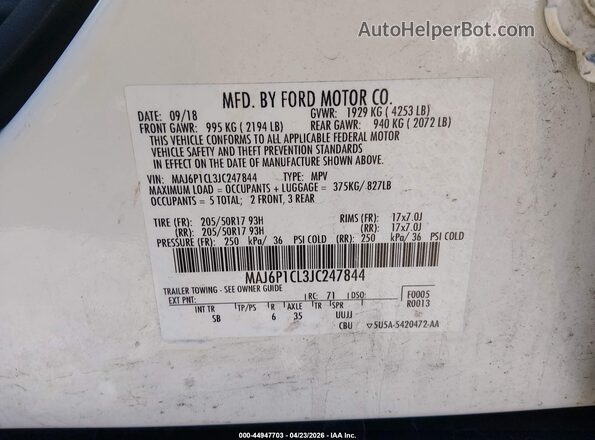 MAJ6P1CL3JC247844 2018 FORD ECOSPORT White ძრავის განყოფილების ხედი