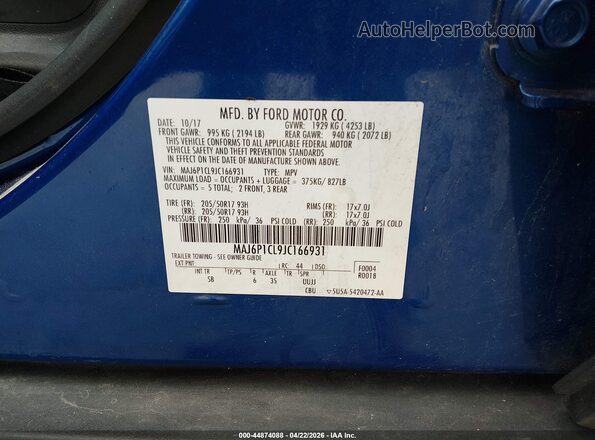 MAJ6P1CL9JC166931 2018 FORD ECOSPORT Blue Engine compartment view