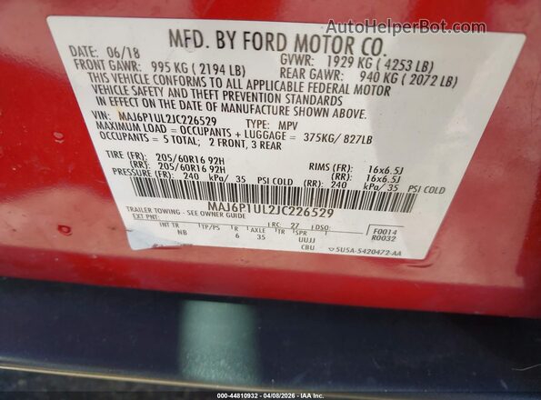 MAJ6P1UL2JC226529 2018 FORD ECOSPORT Red Вид підкапотного простору