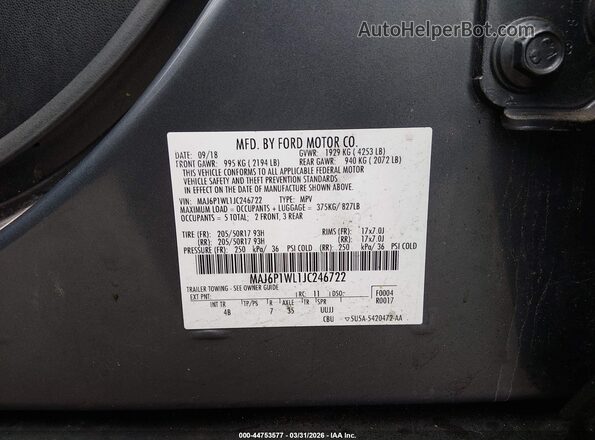 MAJ6P1WL1JC246722 2018 FORD ECOSPORT Gray 