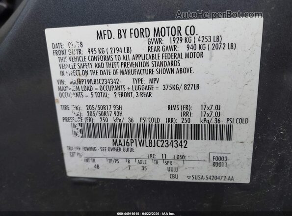 MAJ6P1WL8JC234342 2018 FORD ECOSPORT Gray Engine compartment view