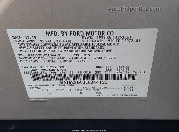 MAJ6S3GL0LC344135 2020 FORD ECOSPORT Silver 