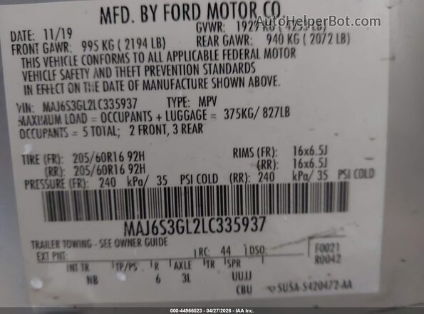 MAJ6S3GL2LC335937 2020 FORD ECOSPORT Серебряный Вид подкапотного пространства