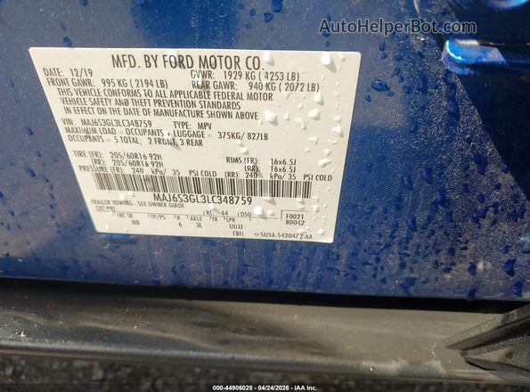 MAJ6S3GL3LC348759 2020 FORD ECOSPORT Blue 
