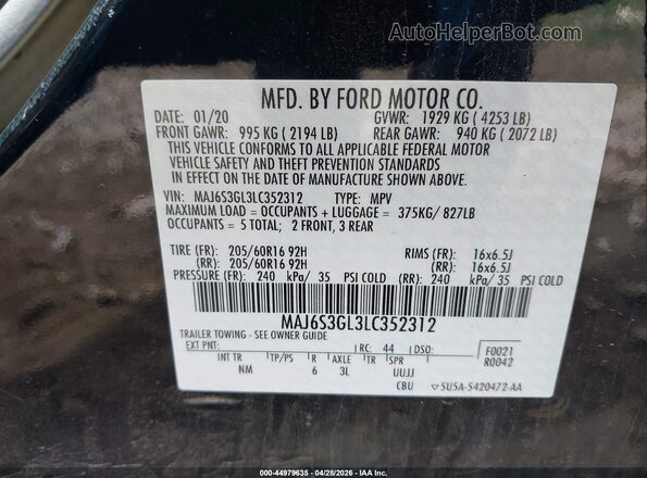 MAJ6S3GL3LC352312 2020 FORD ECOSPORT Black Widok komory silnika