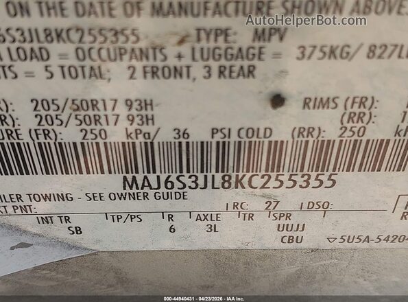 MAJ6S3JL8KC255355 2019 FORD ECOSPORT Silver 