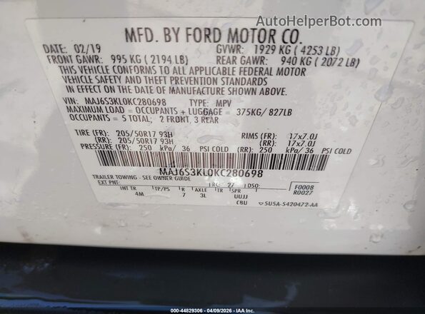 MAJ6S3KL0KC280698 2019 FORD ECOSPORT White Vista del compartimento del motor