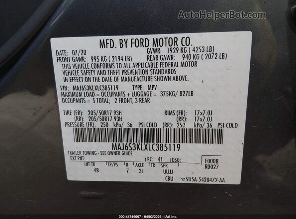 MAJ6S3KLXLC385119 2020 FORD ECOSPORT Gray Շարժիչի բաժամունքի տեսք