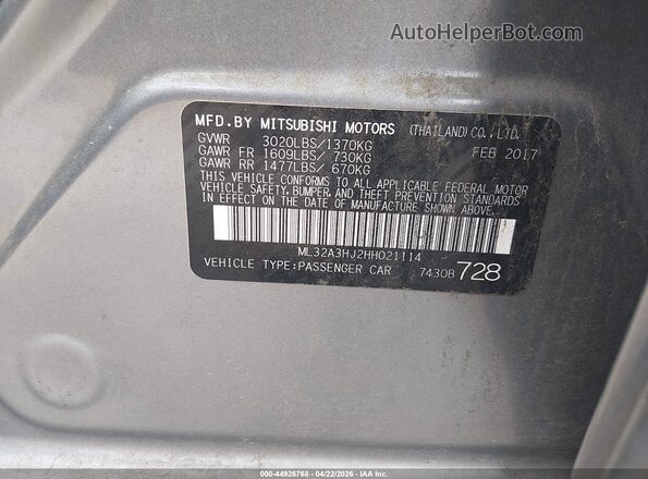 ML32A3HJ2HH021114 2017 MITSUBISHI MIRAGE Gray ძრავის განყოფილების ხედი
