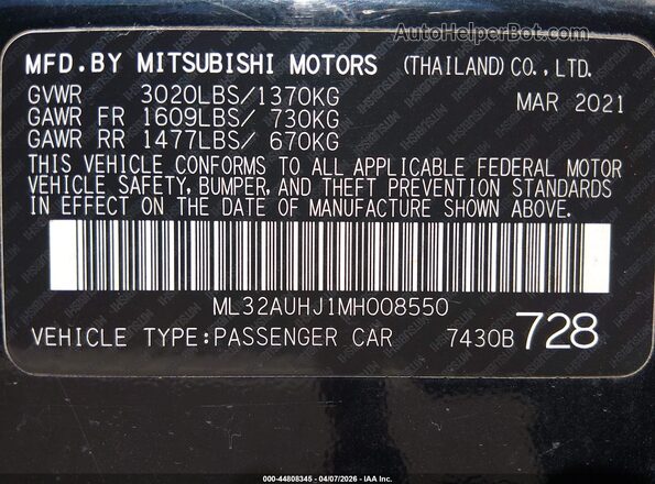 ML32AUHJ1MH008550 2021 MITSUBISHI MIRAGE Black Vista del compartimento del motor