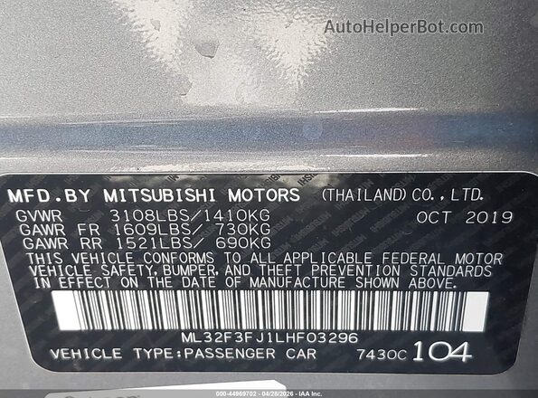 ML32F3FJ1LHF03296 2020 MITSUBISHI MIRAGE G4 Gray Engine compartment view