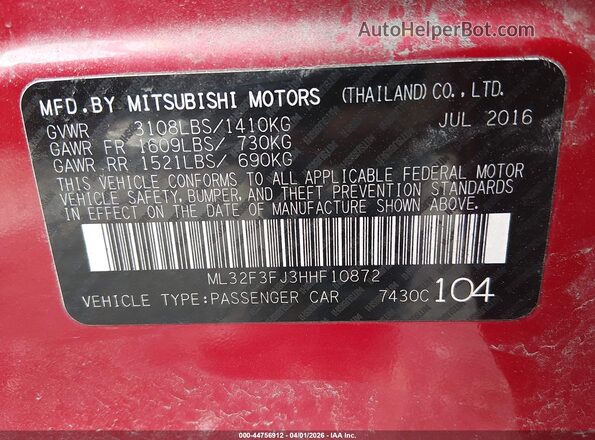 ML32F3FJ3HHF10872 2017 MITSUBISHI MIRAGE G4 Red Вид підкапотного простору
