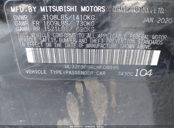 ML32F3FJ4LHF08895 2020 MITSUBISHI MIRAGE G4 Black Widok komory silnika