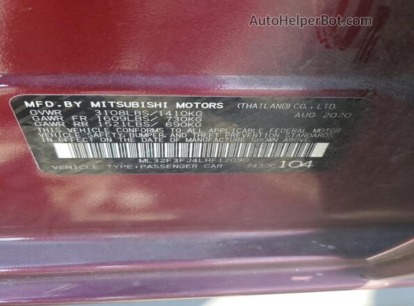 ML32F3FJ4LHF12090 2020 MITSUBISHI MIRAGE Maroon Widok komory silnika