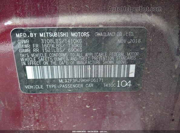 ML32F3FJ9KHF06171 2019 MITSUBISHI MIRAGE G4 Burgundy Vista del compartimento del motor