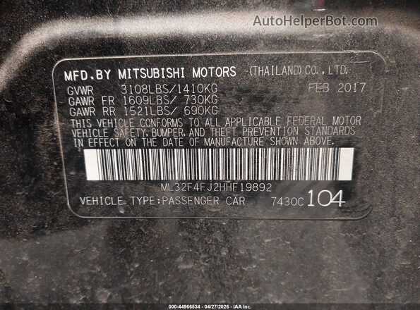 ML32F4FJ2HHF19892 2017 MITSUBISHI MIRAGE G4 Black Вид підкапотного простору