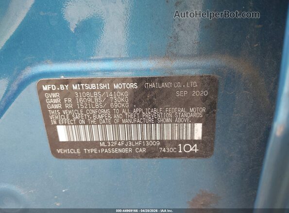 ML32F4FJ3LHF13009 2020 MITSUBISHI MIRAGE G4 Blue 