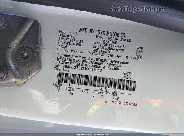 NM0LS7E23K1418315 2019 FORD TRANSIT CONNECT White 